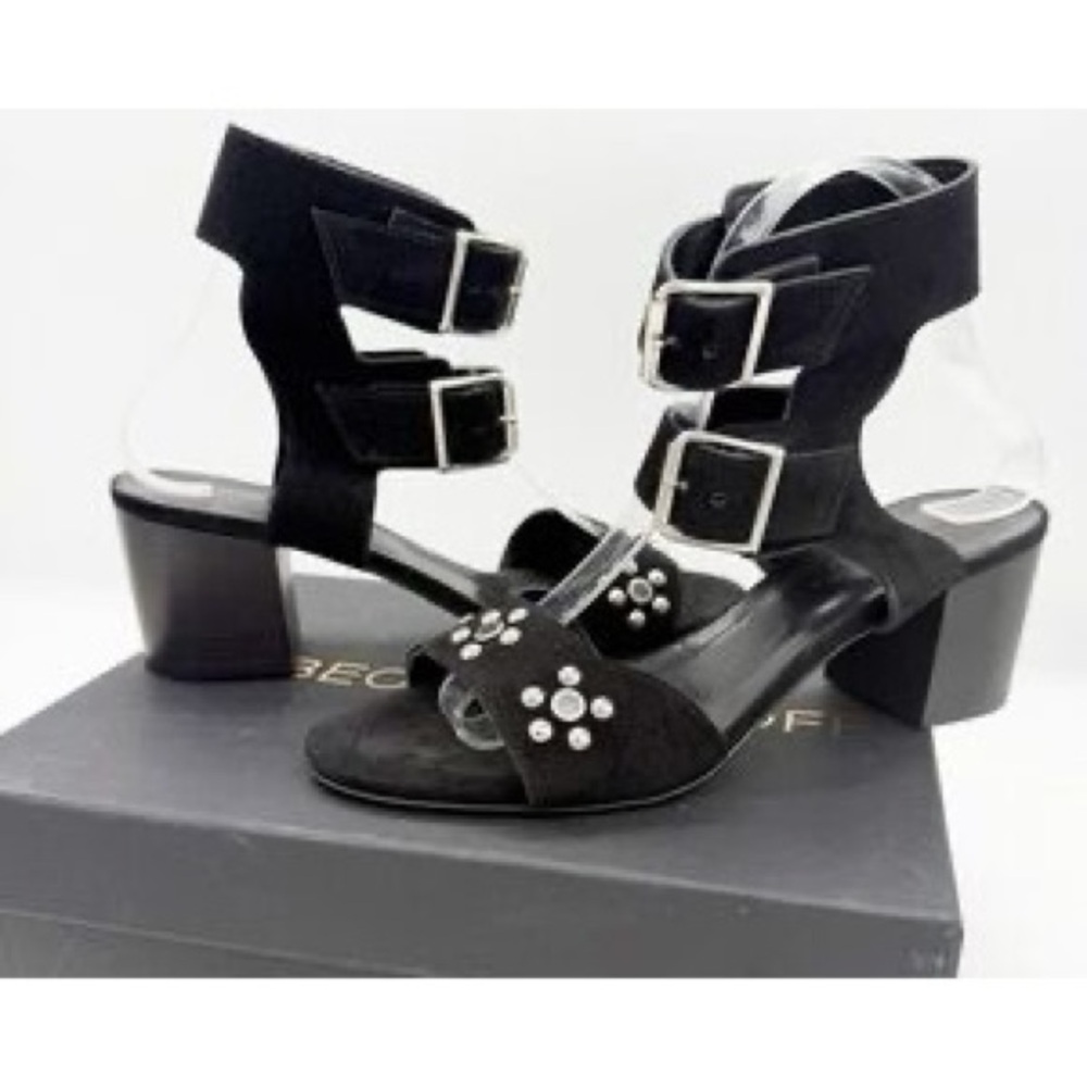 Rebecca Minkoff Suede Leather Studded Black Buckle Block Heels Twee Size 35
